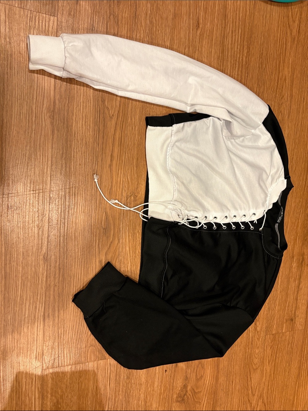 SHEIN Black & White Lace-Up Two-Tone Crop Sweatshirt